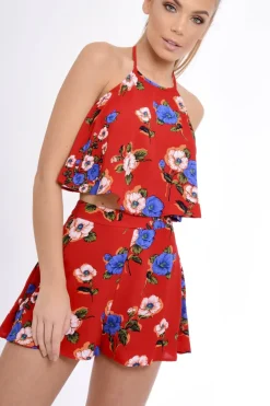 Rebellious Fashion Red Floral Halterneck Crop Top - Kamisha
