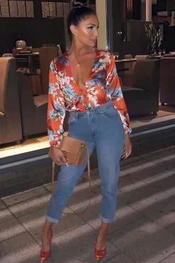 Rebellious Fashion Red Floral Long Sleeve Plunge Bodysuit - Nicole