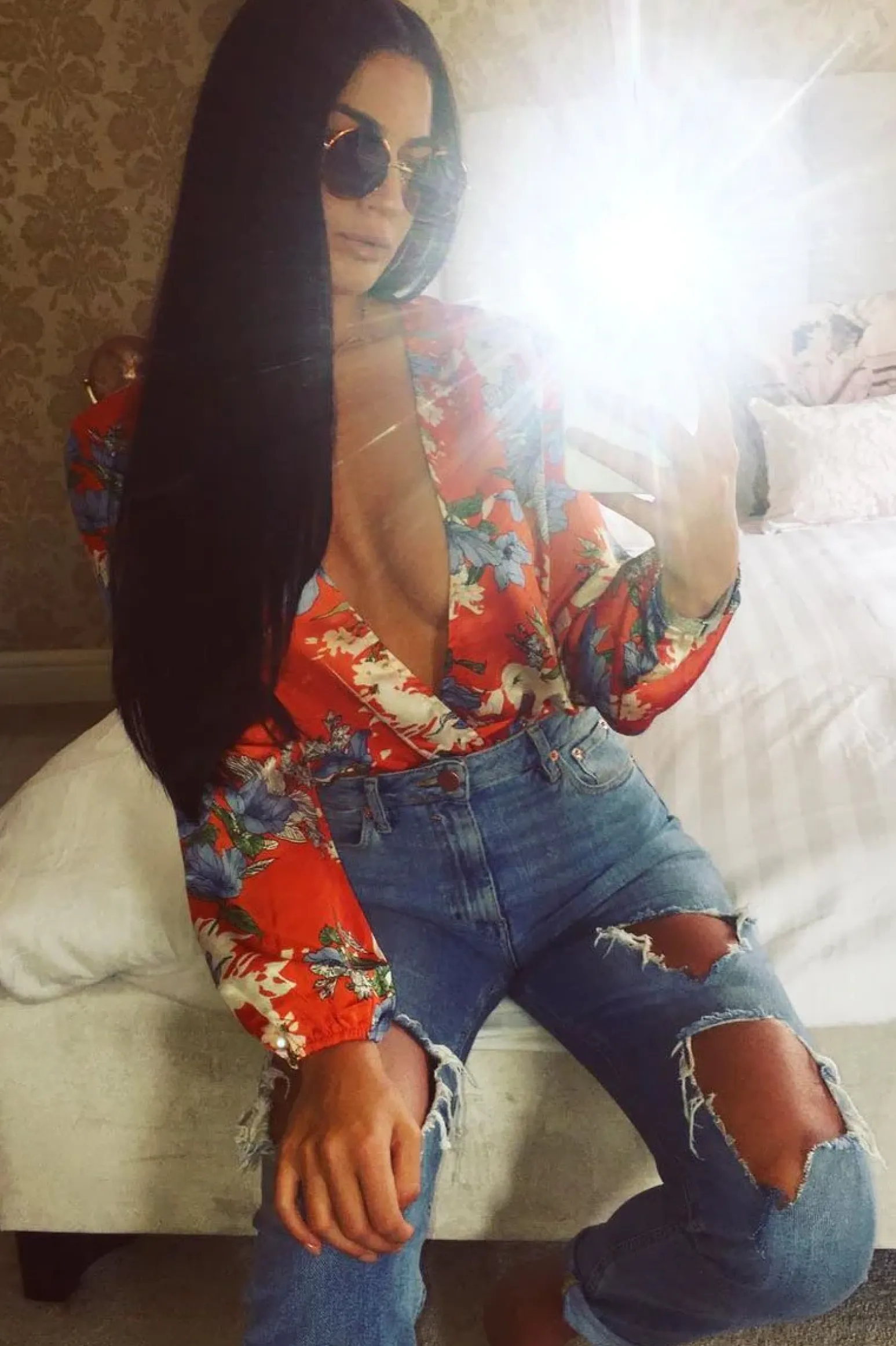Rebellious Fashion Red Floral Long Sleeve Plunge Bodysuit - Nicole