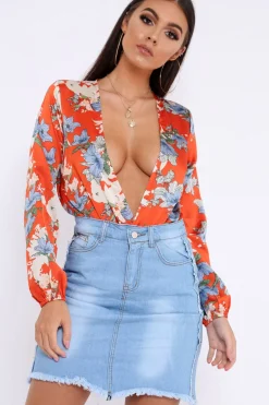 Rebellious Fashion Red Floral Long Sleeve Plunge Bodysuit - Nicole