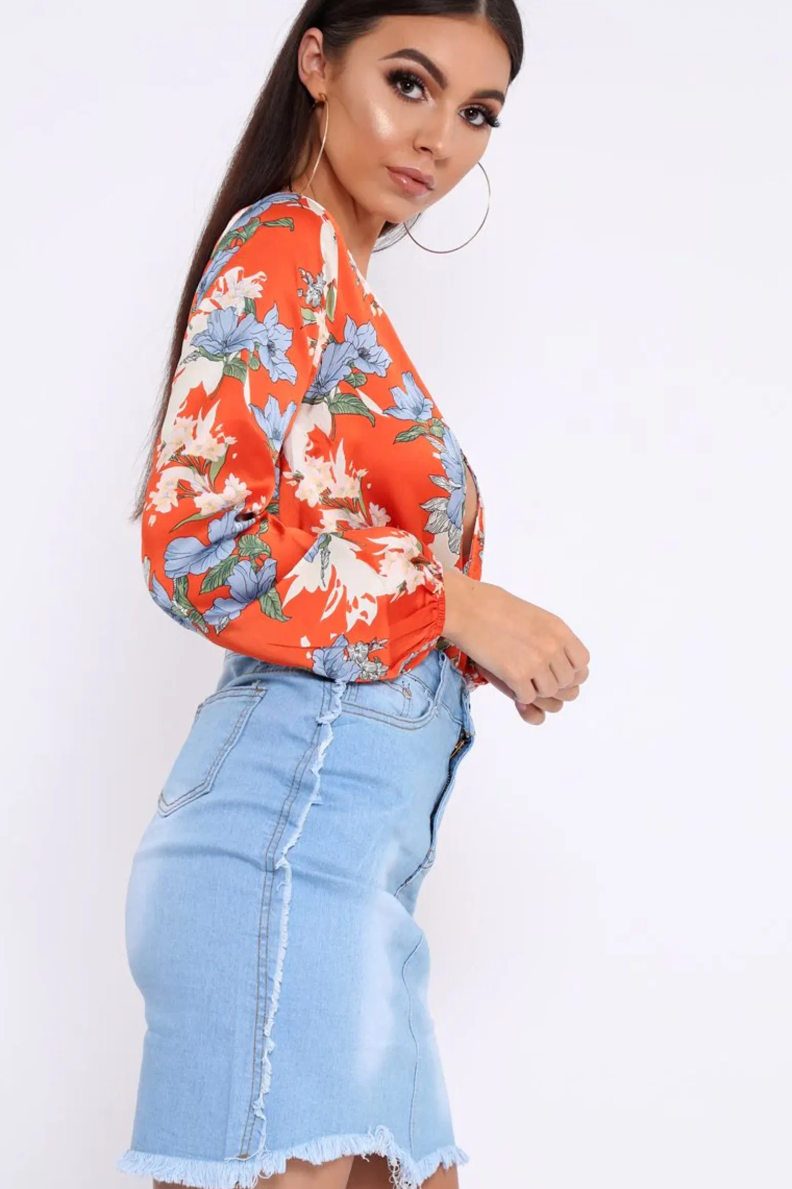 Rebellious Fashion Red Floral Long Sleeve Plunge Bodysuit - Nicole