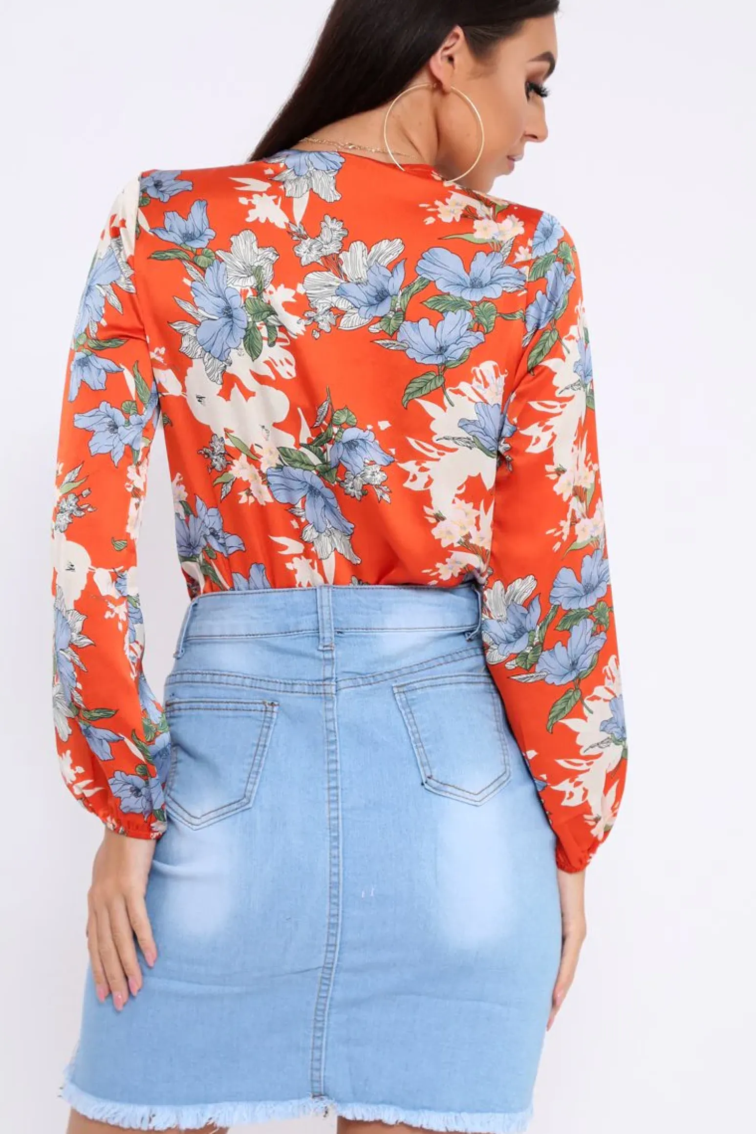 Rebellious Fashion Red Floral Long Sleeve Plunge Bodysuit - Nicole