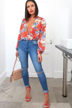 Rebellious Fashion Red Floral Long Sleeve Plunge Bodysuit - Nicole