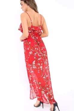 Rebellious Fashion Red Floral Maxi Dress with Frill - Zaila