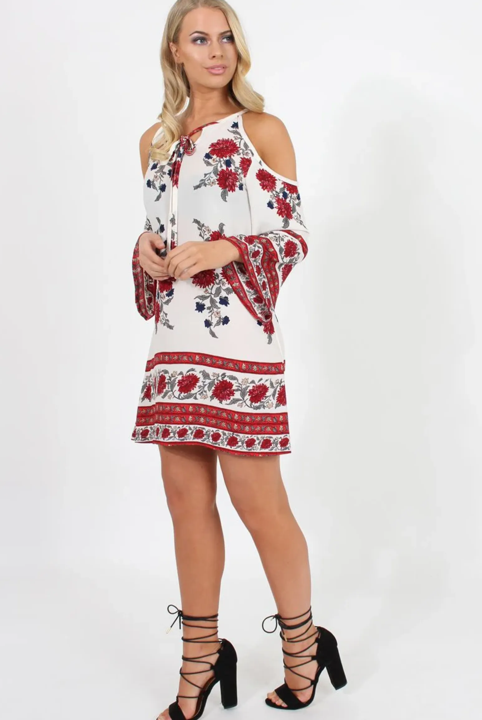 Rebellious Fashion Red Floral Print Cold Shoulder Dress - Penelope