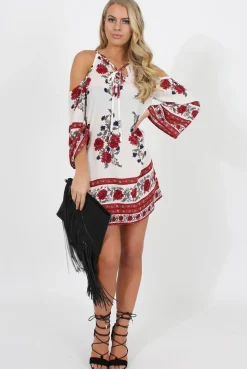 Rebellious Fashion Red Floral Print Cold Shoulder Dress - Penelope
