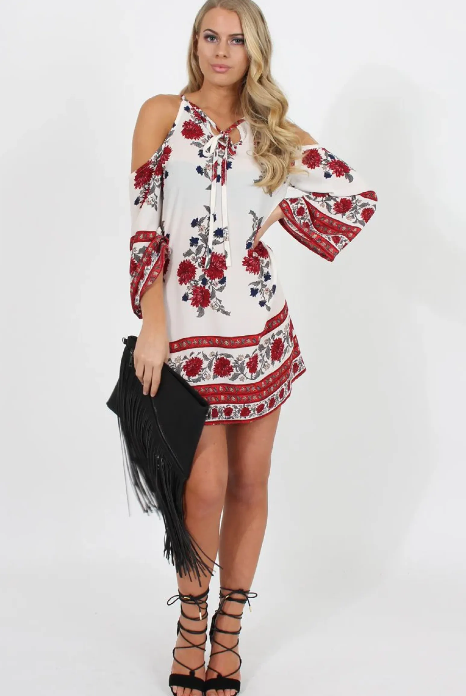 Rebellious Fashion Red Floral Print Cold Shoulder Dress - Penelope