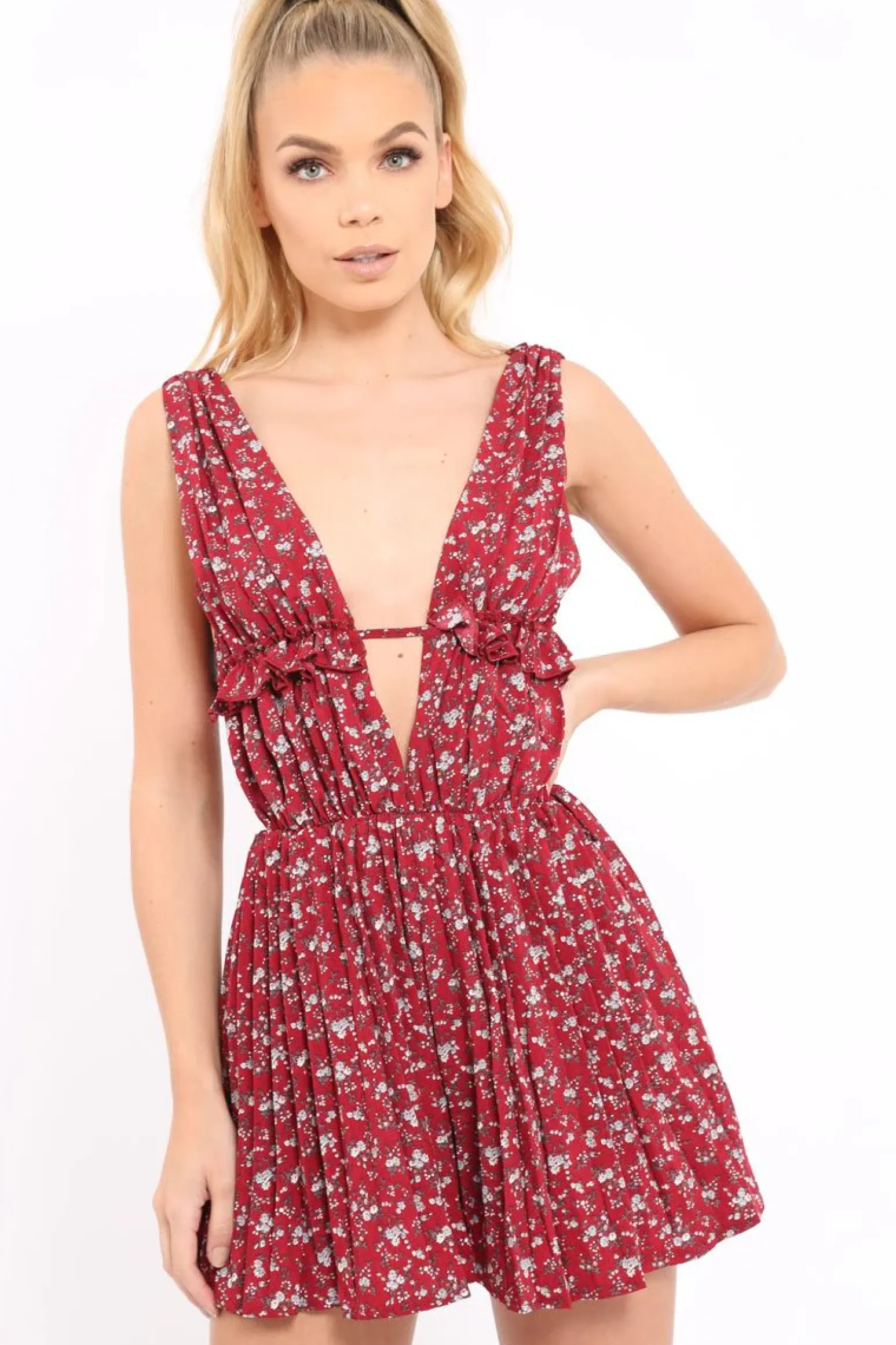 Rebellious Fashion Red Floral Print Plunge Tie Back Pleated Playsuit - Remy