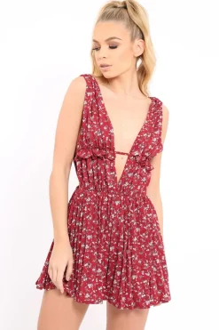 Rebellious Fashion Red Floral Print Plunge Tie Back Pleated Playsuit - Remy