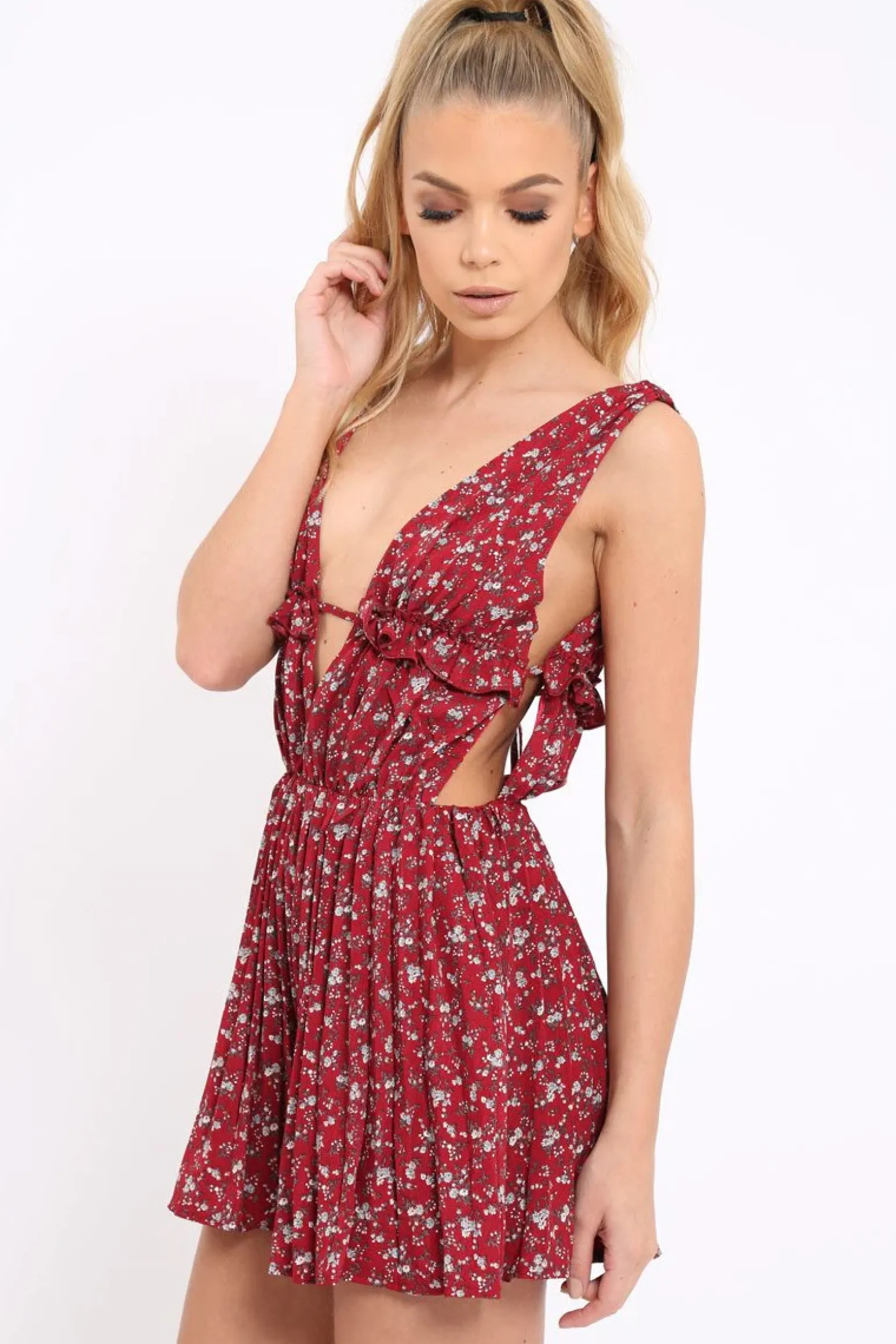 Rebellious Fashion Red Floral Print Plunge Tie Back Pleated Playsuit - Remy