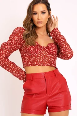 Rebellious Fashion Red Floral Print Puff Sleeve Milkmaid Crop Top - Caddie