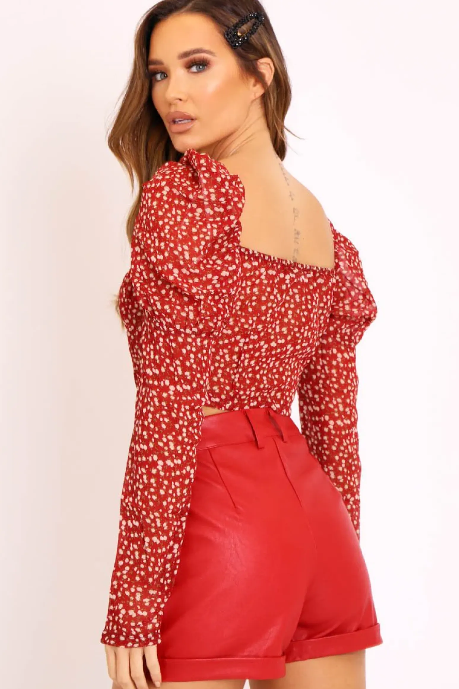 Rebellious Fashion Red Floral Print Puff Sleeve Milkmaid Crop Top - Caddie