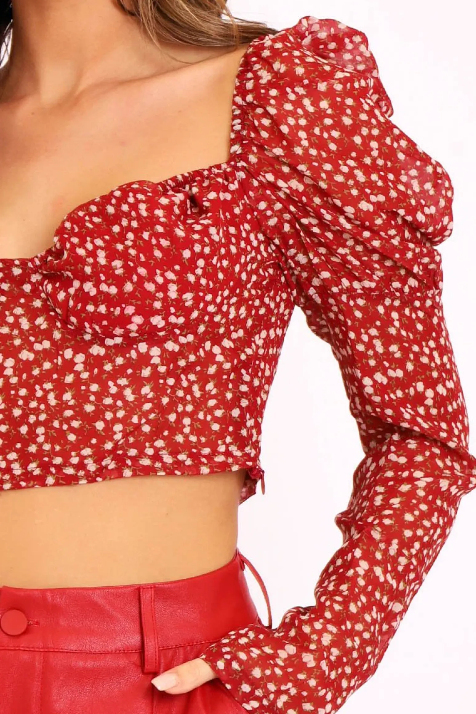 Rebellious Fashion Red Floral Print Puff Sleeve Milkmaid Crop Top - Caddie