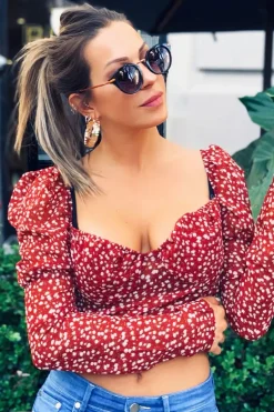Rebellious Fashion Red Floral Print Puff Sleeve Milkmaid Crop Top - Caddie
