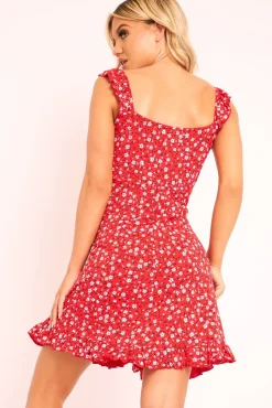 Rebellious Fashion Red Floral Print Ruffle Dress - Linda