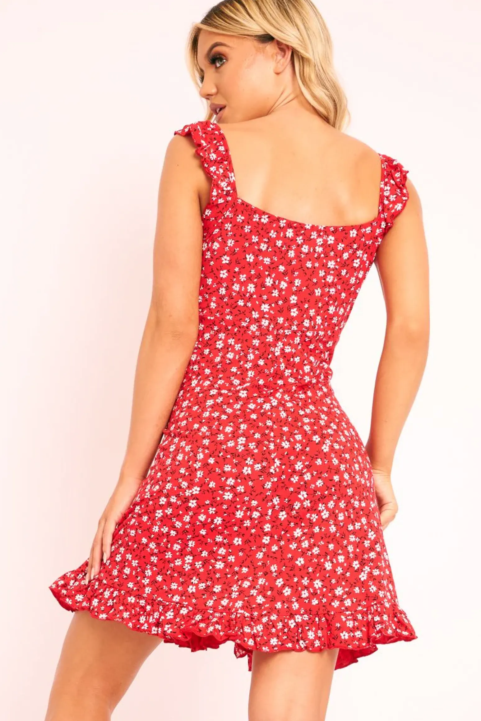 Rebellious Fashion Red Floral Print Ruffle Dress - Linda
