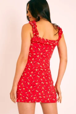 Rebellious Fashion Red Floral Print Tie front Ruffle Dress - Paxton