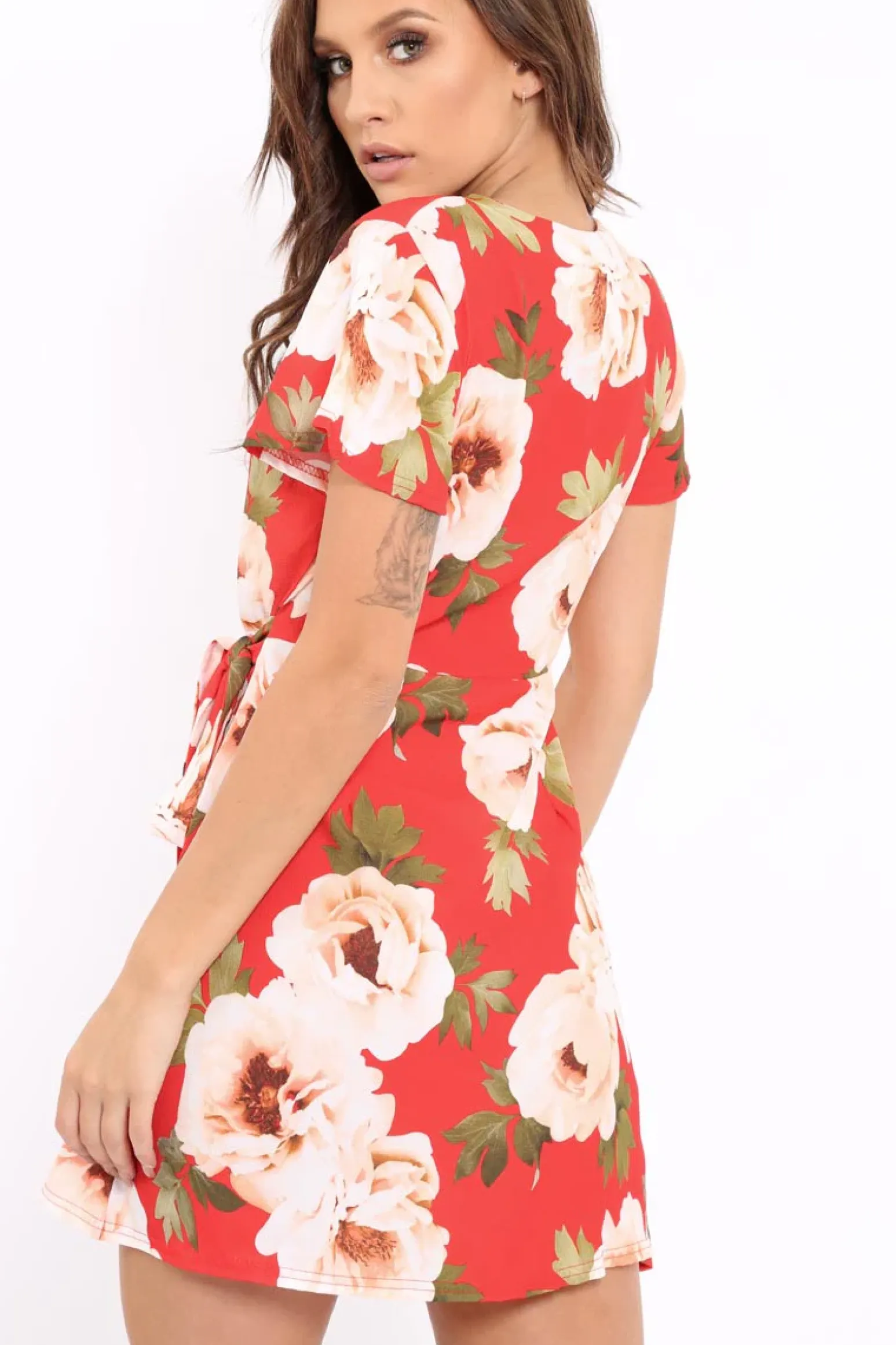 Rebellious Fashion Red Floral Print Wrap Dress - Norie