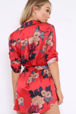 Rebellious Fashion Red Floral Satin Shirt Tie Dress - Sophina