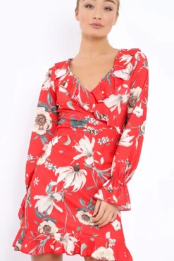 Rebellious Fashion Red Floral Wrap Mini Dress with Frills - Maleigh
