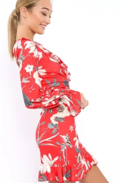 Rebellious Fashion Red Floral Wrap Mini Dress with Frills - Maleigh