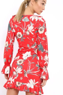 Rebellious Fashion Red Floral Wrap Mini Dress with Frills - Maleigh