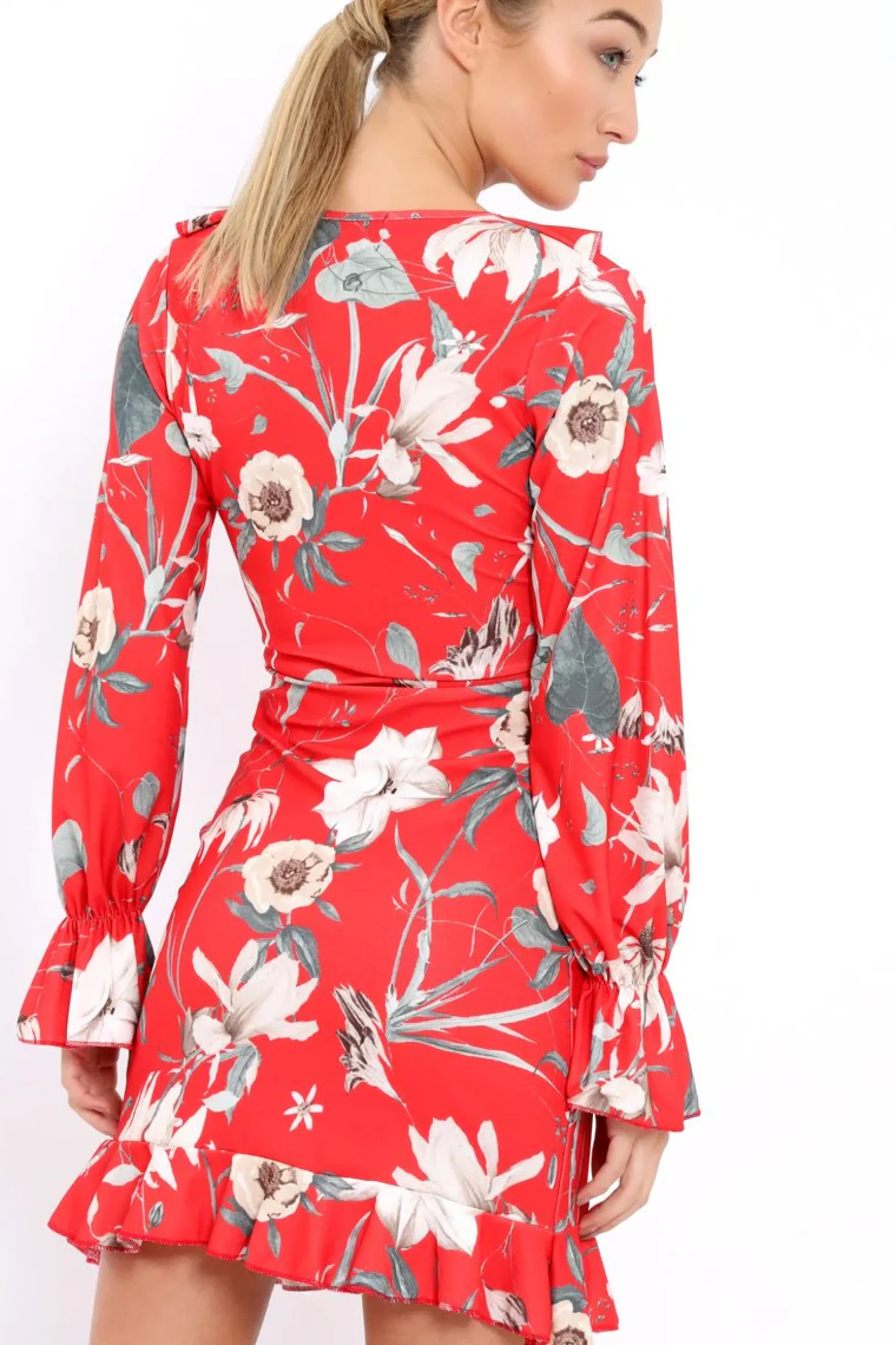 Rebellious Fashion Red Floral Wrap Mini Dress with Frills - Maleigh