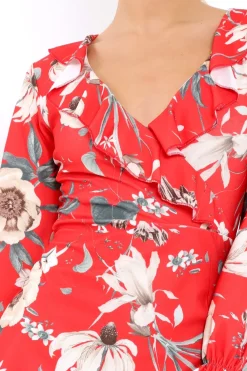 Rebellious Fashion Red Floral Wrap Mini Dress with Frills - Maleigh