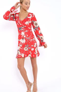 Rebellious Fashion Red Floral Wrap Mini Dress with Frills - Maleigh
