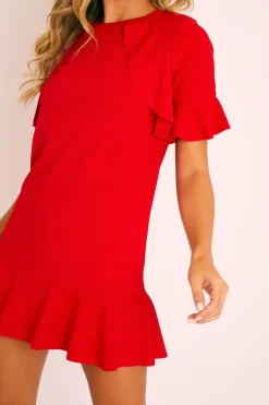 Rebellious Fashion Red Frill Detail Peplum Dress - Birda