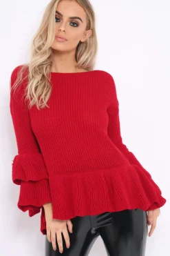 Rebellious Fashion Red Frill Hem and Sleeve Jumper - Imogen