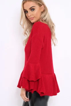 Rebellious Fashion Red Frill Hem and Sleeve Jumper - Imogen