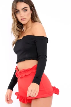 Rebellious Fashion Red Frill Hem Shorts - Malvina
