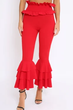 Rebellious Fashion Red Frill Hem Triple Tiered Frill Hem Trousers - Karla