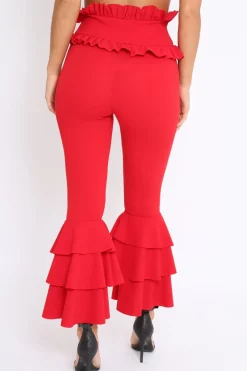 Rebellious Fashion Red Frill Hem Triple Tiered Frill Hem Trousers - Karla