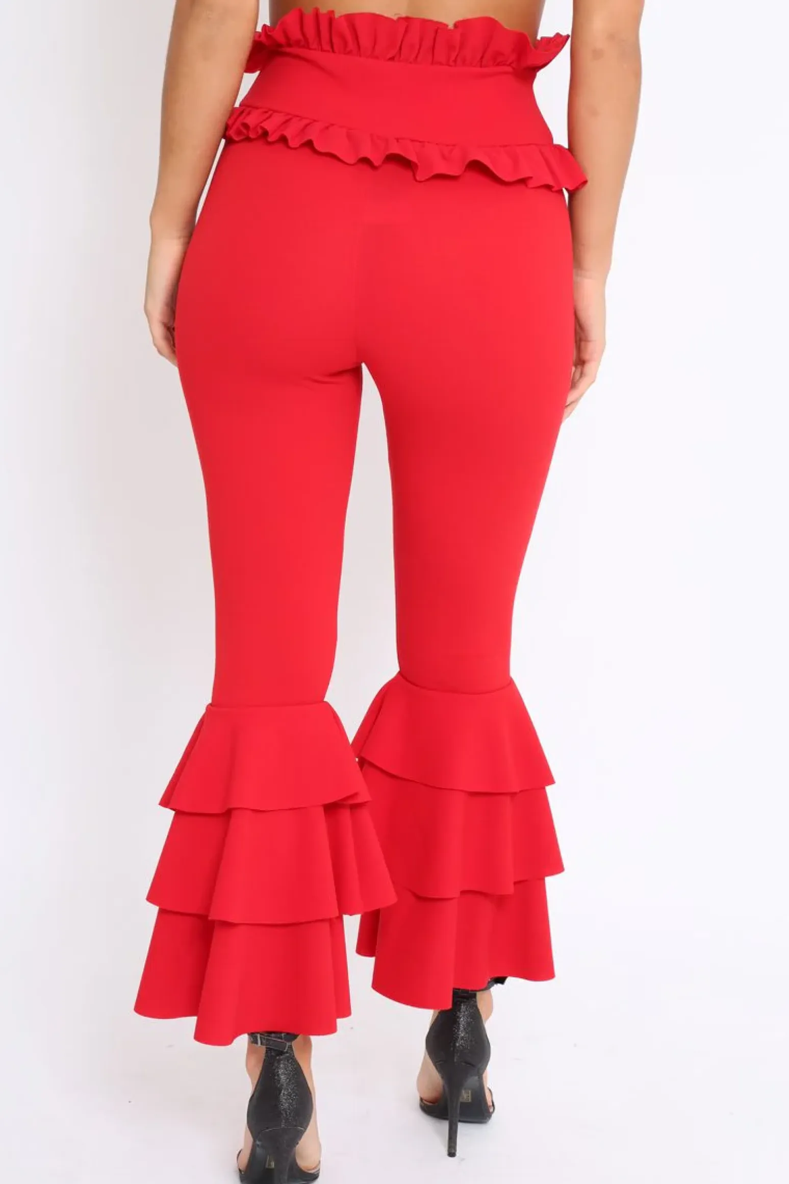 Rebellious Fashion Red Frill Hem Triple Tiered Frill Hem Trousers - Karla