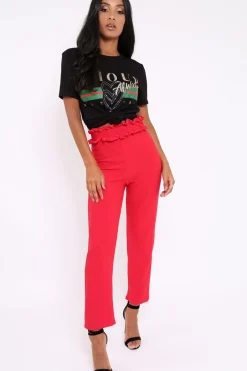 Rebellious Fashion Red Frill Hem Wide Legged Trousers - Megan