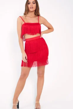 Rebellious Fashion Red Fringe Crop Top Skirt Co-Ord - Lyela