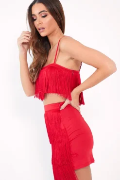 Rebellious Fashion Red Fringe Crop Top Skirt Co-Ord - Lyela