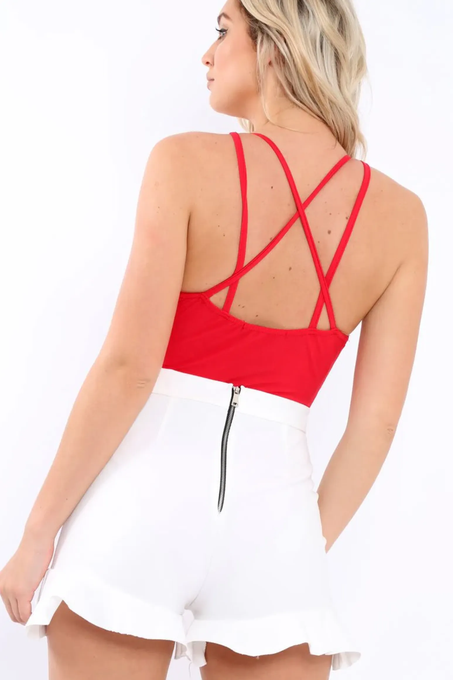 Rebellious Fashion Red Front Harness Bodysuit - Neema