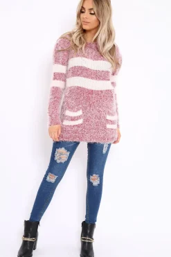 Rebellious Fashion Red Fur Knit Wide Stripe Jumper Dress - Keeley
