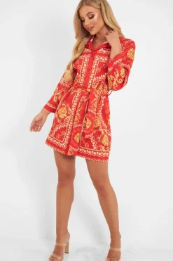 Rebellious Fashion Red Gold Chain Print Belted Shirt Dress - Estie