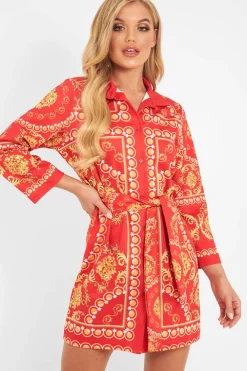 Rebellious Fashion Red Gold Chain Print Belted Shirt Dress - Estie