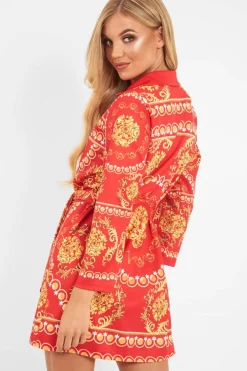 Rebellious Fashion Red Gold Chain Print Belted Shirt Dress - Estie