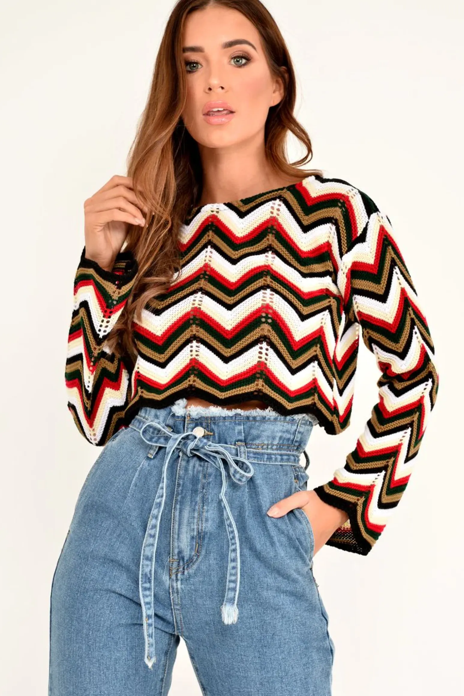 Rebellious Fashion Red Green Chevron Knit Crop Jumper - Stevi