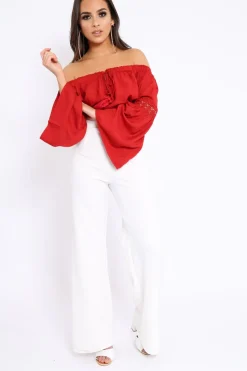 Rebellious Fashion Red Gypsy Bardot Crop Top with Key Hole Tie Front - Kaitlin