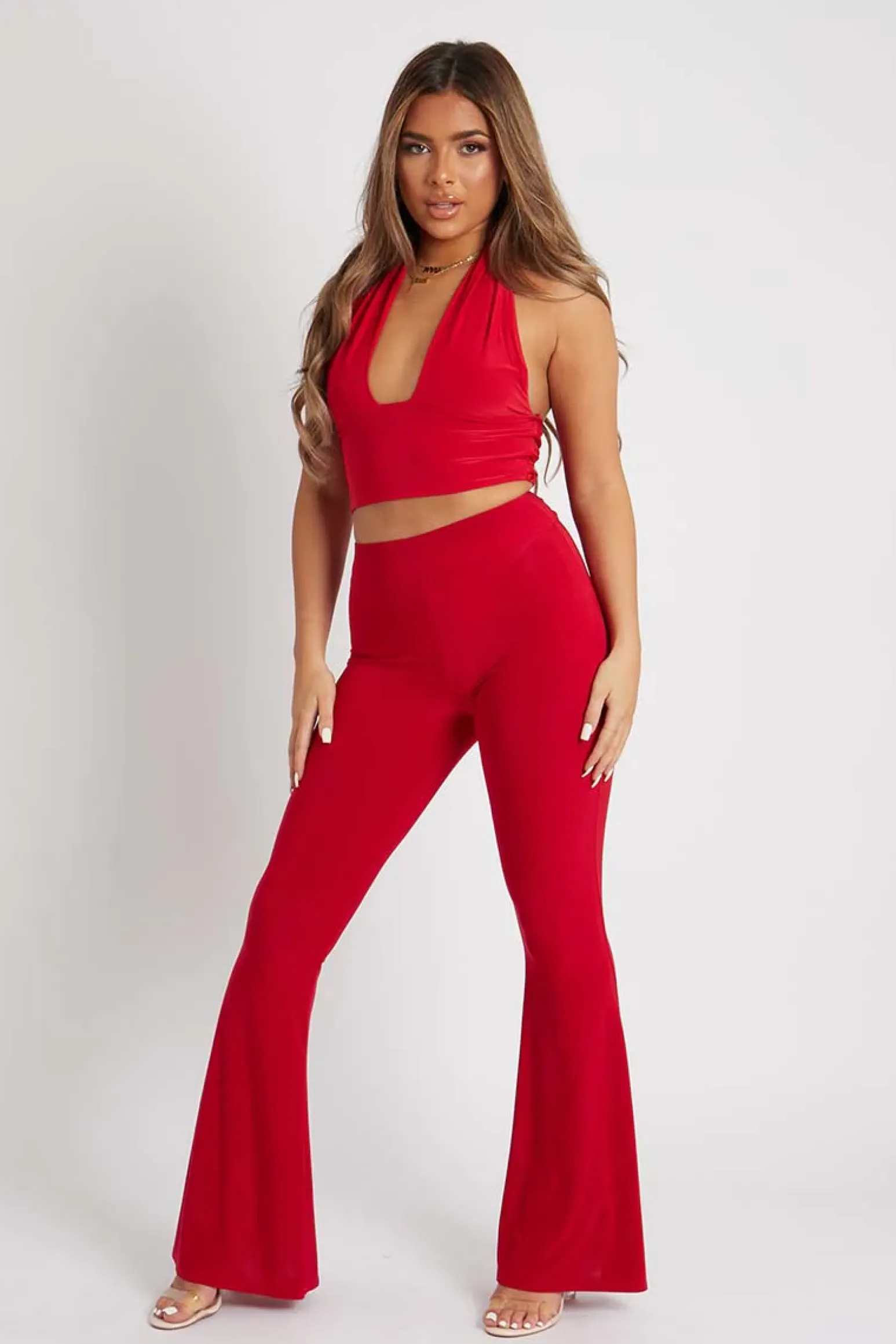 Rebellious Fashion Red Halter Neck Slinky Crop Top - Jessabel