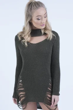 Rebellious Fashion Red High Neck Cut Out Distressed Jumper Dress - Adalyn