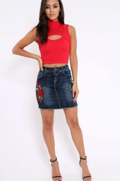 Rebellious Fashion Red High Neck Cut Out Ribbed Crop Top - Jessica