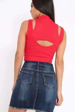Rebellious Fashion Red High Neck Cut Out Ribbed Crop Top - Jessica